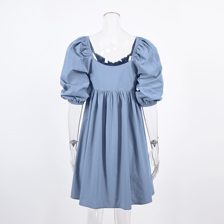 Elegant Square Collar Puff Short Sleeve High Waist A-Line Dress in Dresses