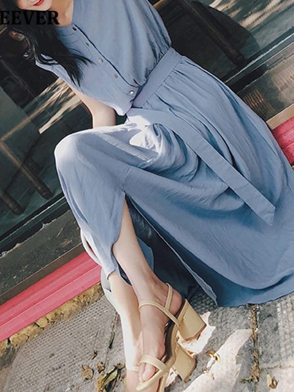Elegant Single-Breasted O-Neck Short Sleeve Belted Midi Dress in Dresses