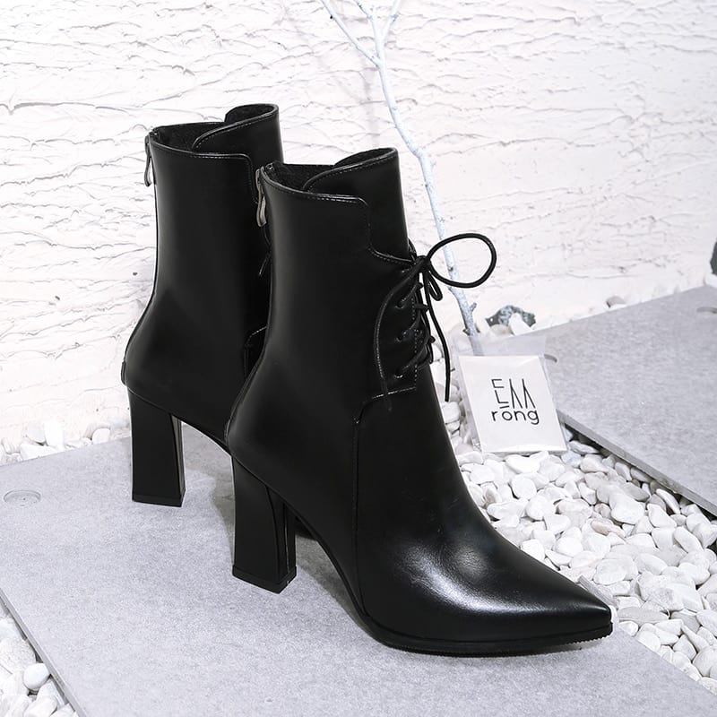 Leather Ankle Lace Up Square High Heels Boots in Women's Boots