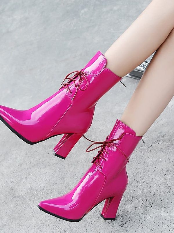 Leather ankle lace up square high heels boots
