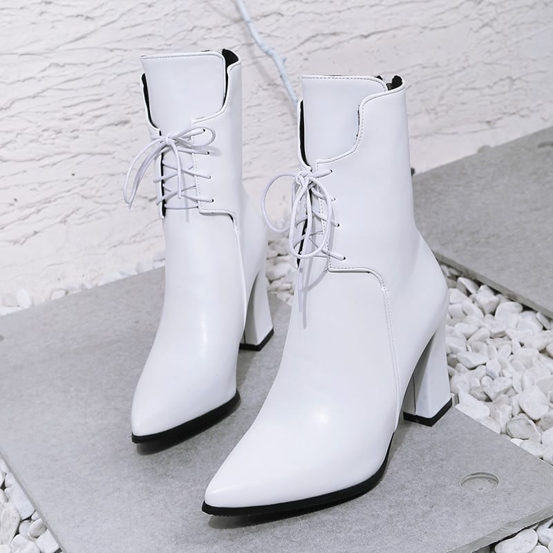 Leather Ankle Lace Up Square High Heels Boots in Women's Boots