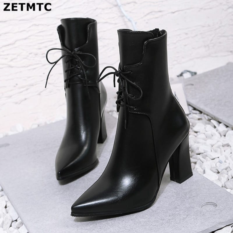 Leather Ankle Lace Up Square High Heels Boots | Uniqistic.com