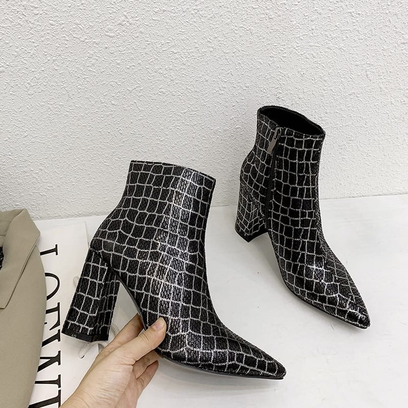Snake pointed toe high heels ankle boots