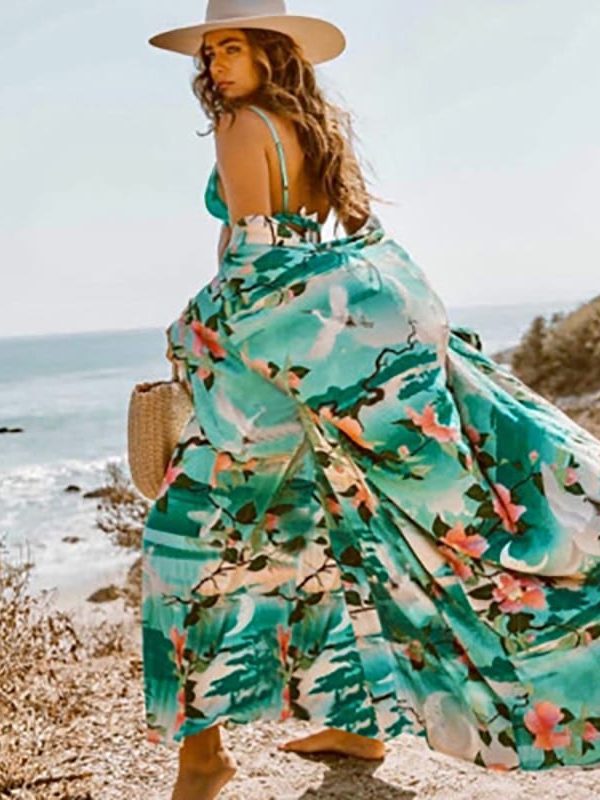 Floral Print Flare Sleeve Sashes Summer Beach Cover Up Swimwear in Swimsuits