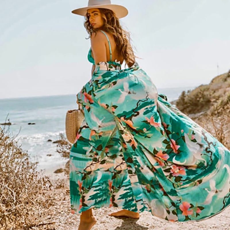 Floral Print Flare Sleeve Sashes Summer Beach Cover Up Swimwear - Swimsuits - Uniqistic.com