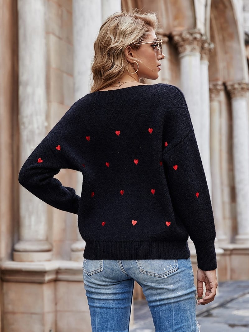 Fitshinling V Neck Embroidery Heart Sweater - Sweaters - Uniqistic.com
