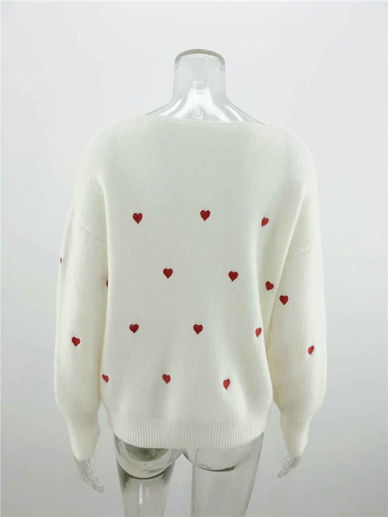 Fitshinling V Neck Embroidery Heart Sweater - Sweaters - Uniqistic.com