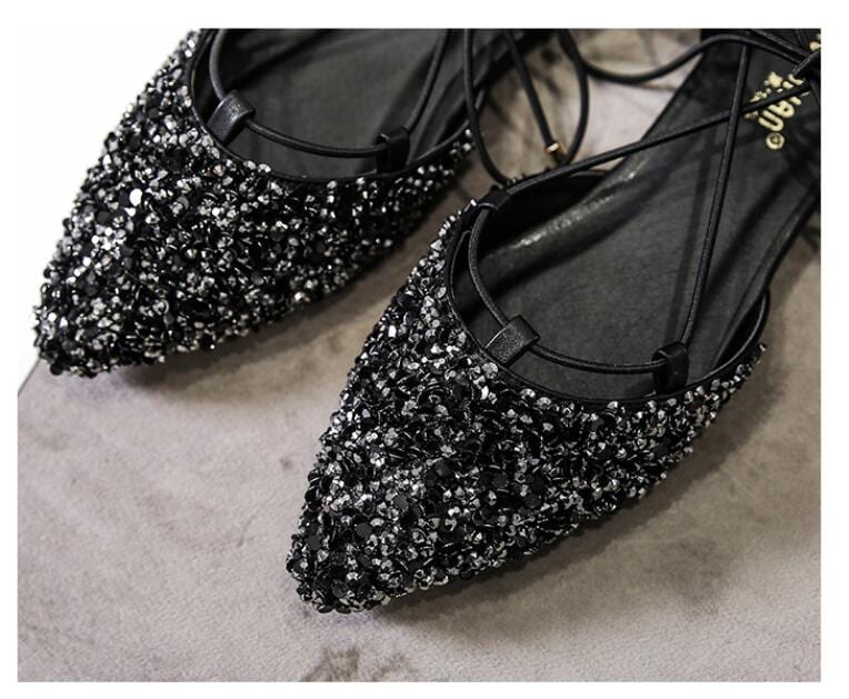 Rhinestone Cross-Tied Lace Up Ballet Flats in Flats