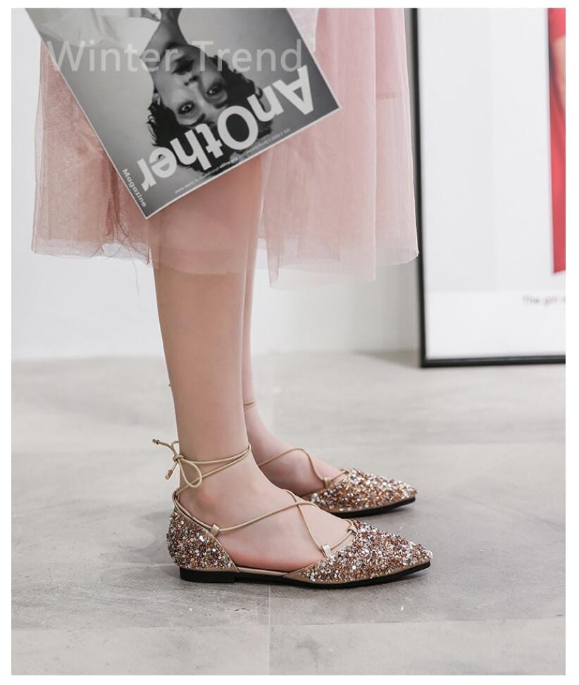 Rhinestone Cross-Tied Lace Up Ballet Flats in Flats