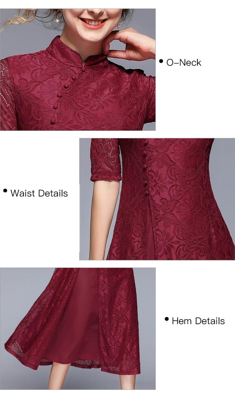 Mandarin Collar Button Lace Split Hem A-Line Mid-Calf Dress - Dresses - Uniqistic.com