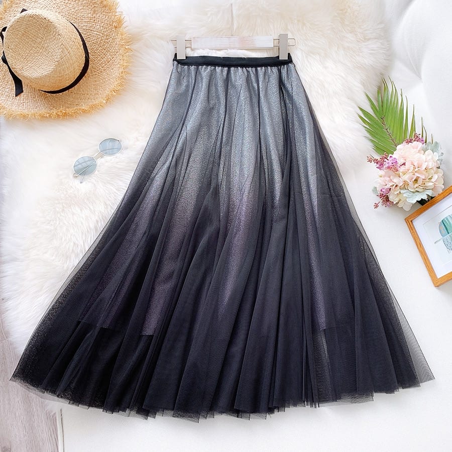 Blue Black Gradient High Waist Long Pleated Tulle Skirt in Skirts