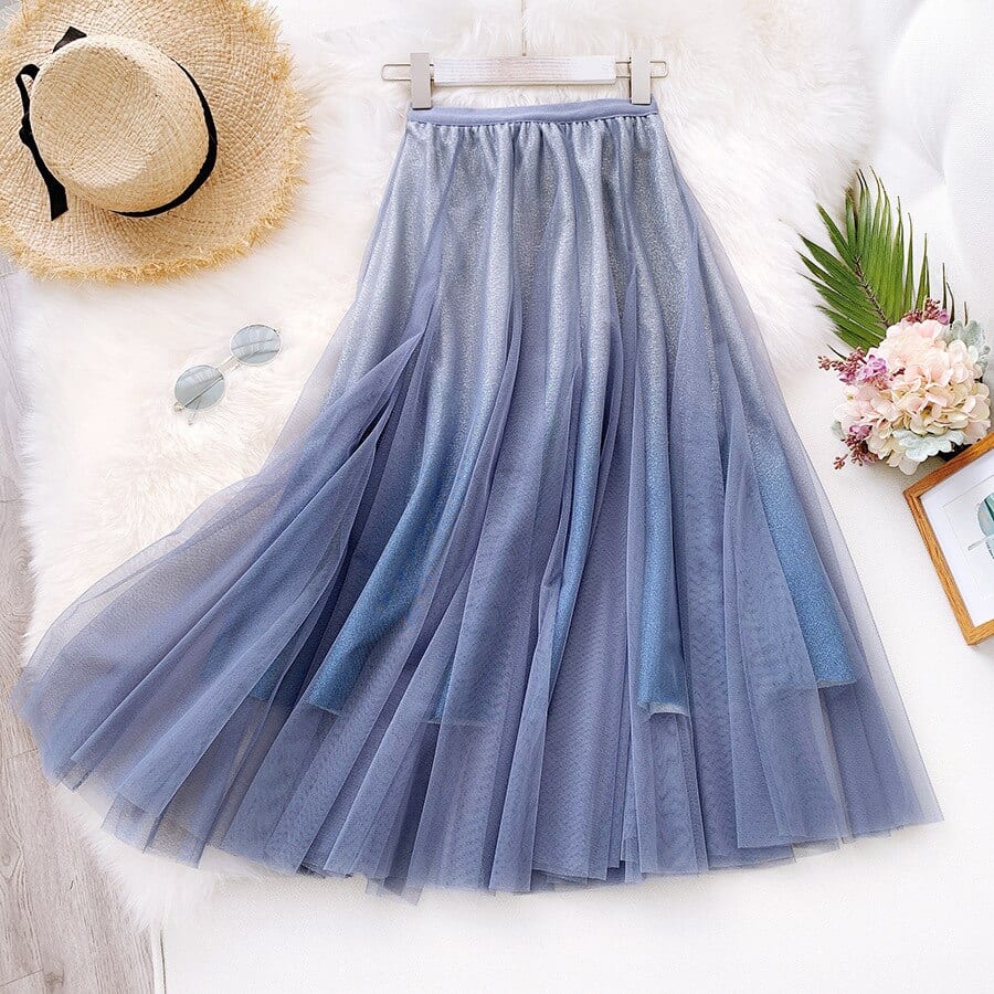 Blue Black Gradient High Waist Long Pleated Tulle Skirt | Uniqistic.com