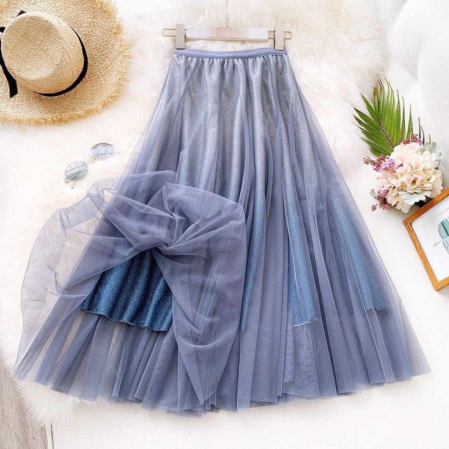 Blue Black Gradient High Waist Long Pleated Tulle Skirt | Uniqistic.com