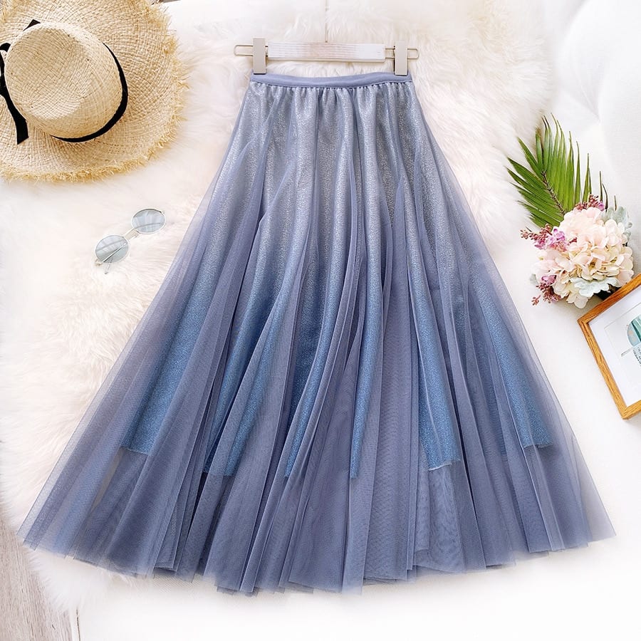 Blue Black Gradient High Waist Long Pleated Tulle Skirt in Skirts
