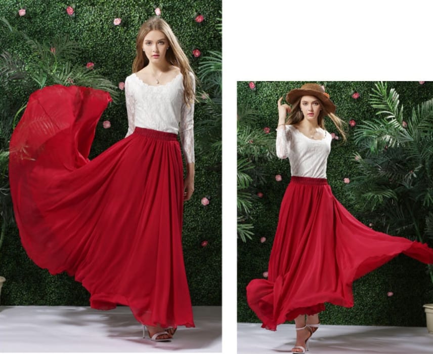 Bohemia Long Stretch High Waist Solid Chiffon A-Line Skirt in Skirts