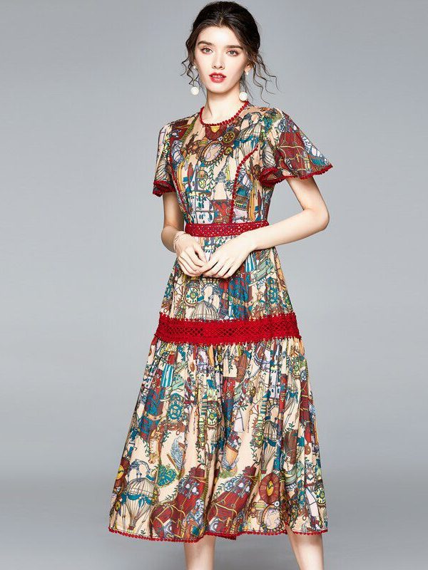 Vintage Flower Print Patchwork Lace Hollow Out Short Butterfly Sleeve Mid-Long Dress in Dresses