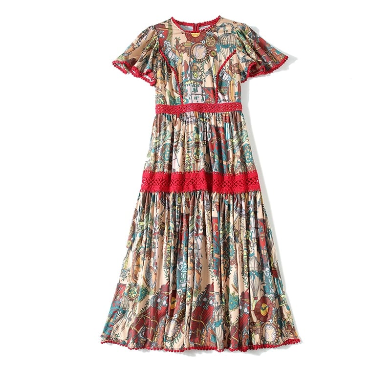 Vintage Flower Print Patchwork Lace Hollow Out Short Butterfly Sleeve Mid-Long Dress in Dresses