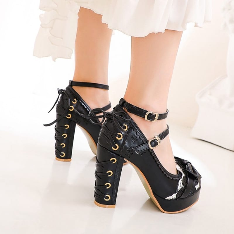 10cm high heel buckle platform cute bow lace princess lolita shoes