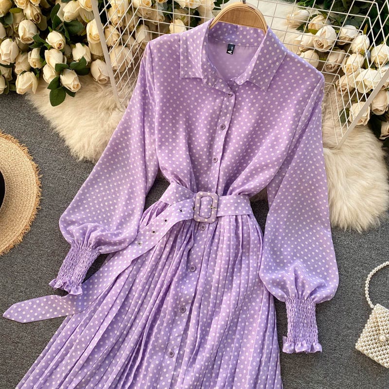 Elegant Purple Polka Dot Pleated Long Sleeve Vintage Chiffon Shirt Dress - Dresses - Uniqistic.com