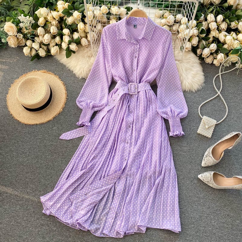 Elegant Purple Polka Dot Pleated Long Sleeve Vintage Chiffon Shirt Dress - Dresses - Uniqistic.com