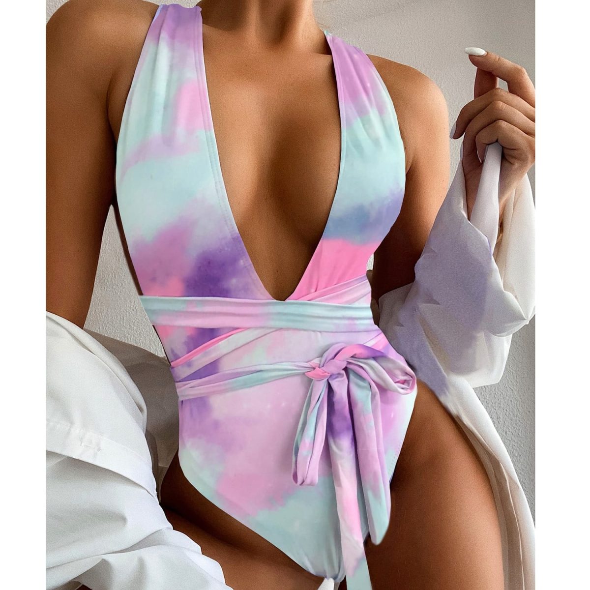 Deep V Neck Ruffle Halter Backless Swimsuit - Swimsuits - Uniqistic.com