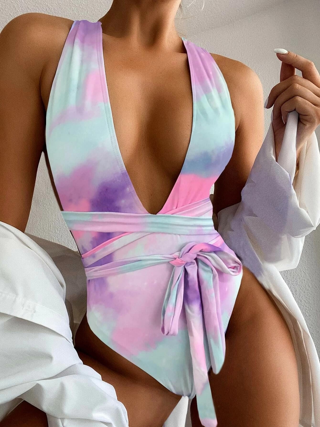 Deep V Neck Ruffle Halter Backless Swimsuit - Swimsuits - Uniqistic.com