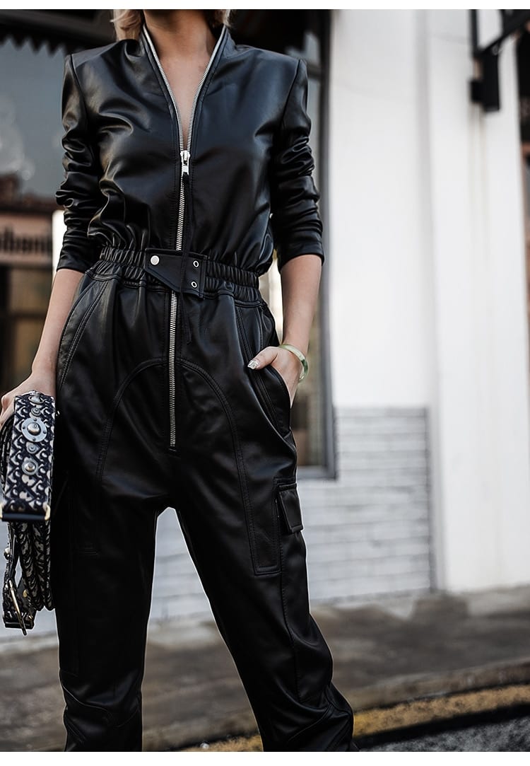 Long black faux leather jumpsuit
