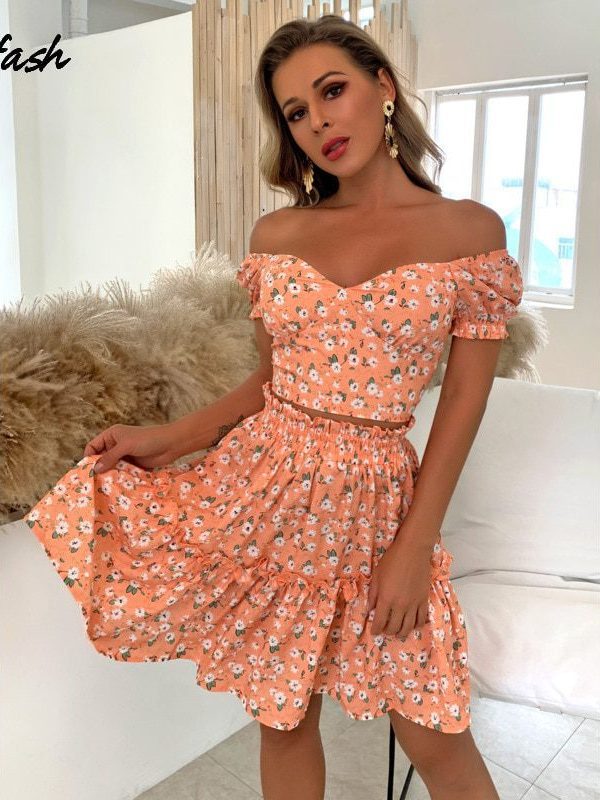 Ruffle Puff Sleeves Skirts Set Off Shoulder Lace Up Backless Floral Print Summer Dress - Dresses - Uniqistic.com