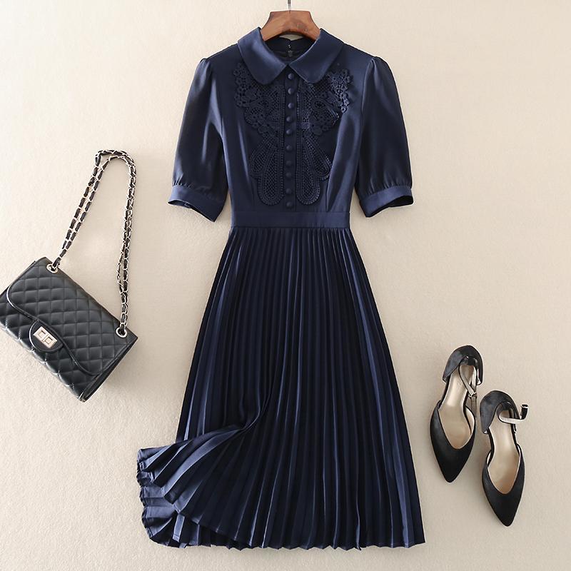Summer Sweet Embroidery Hollow Out Lace Short Sleeve Peter Pan Collar Mini Short Dress in Dresses