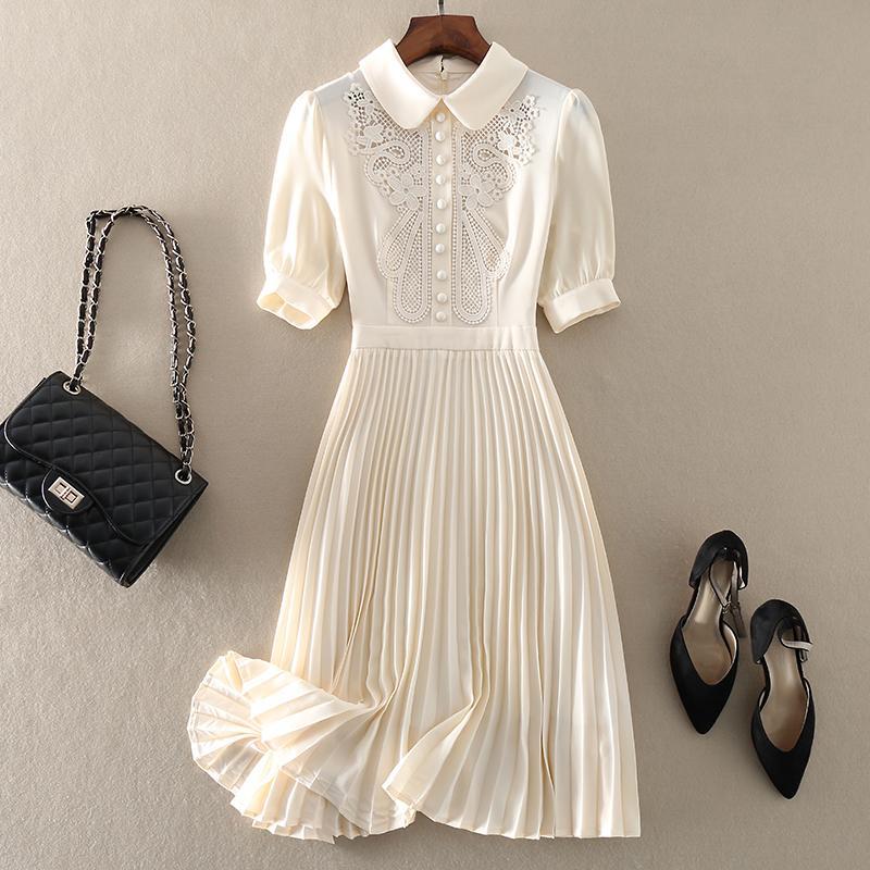 Summer Sweet Embroidery Hollow Out Lace Short Sleeve Peter Pan Collar Mini Short Dress in Dresses