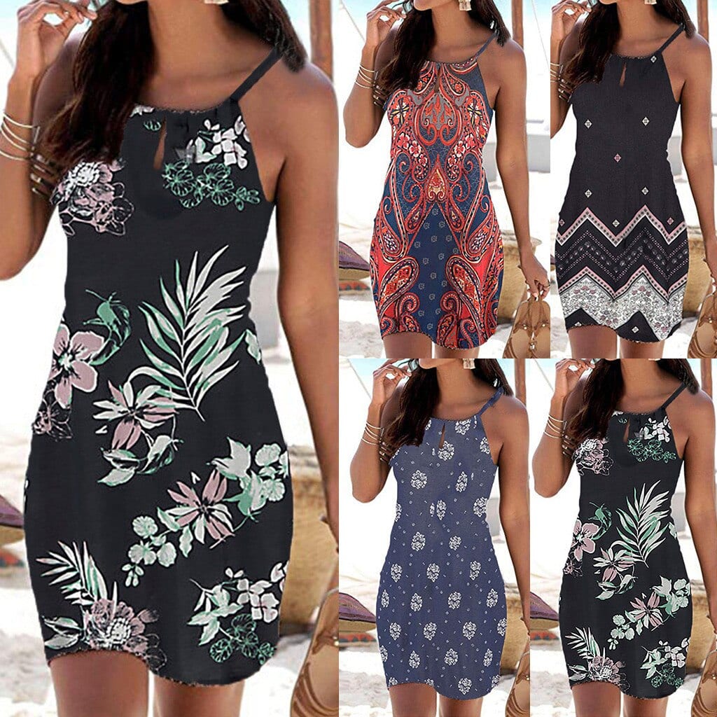 Women’s Halter Collar Printed Sleeveless Casual Mini Beachwear Dress - Dresses - Uniqistic.com