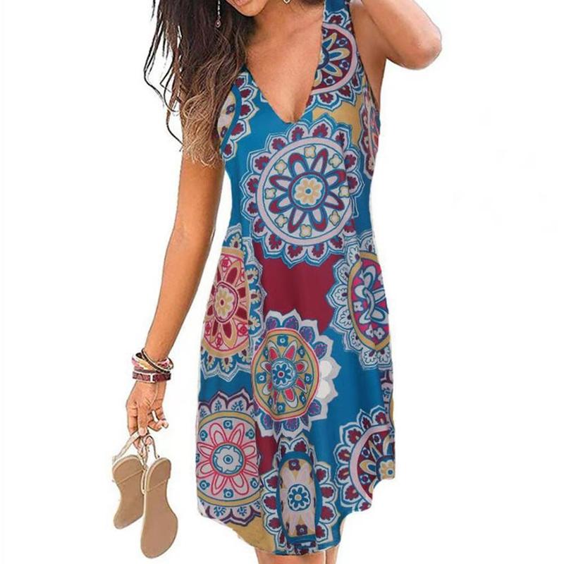 Flowery Print Knee-Length Sleeveless Summer Beach Boho Dress in Boho Dresses