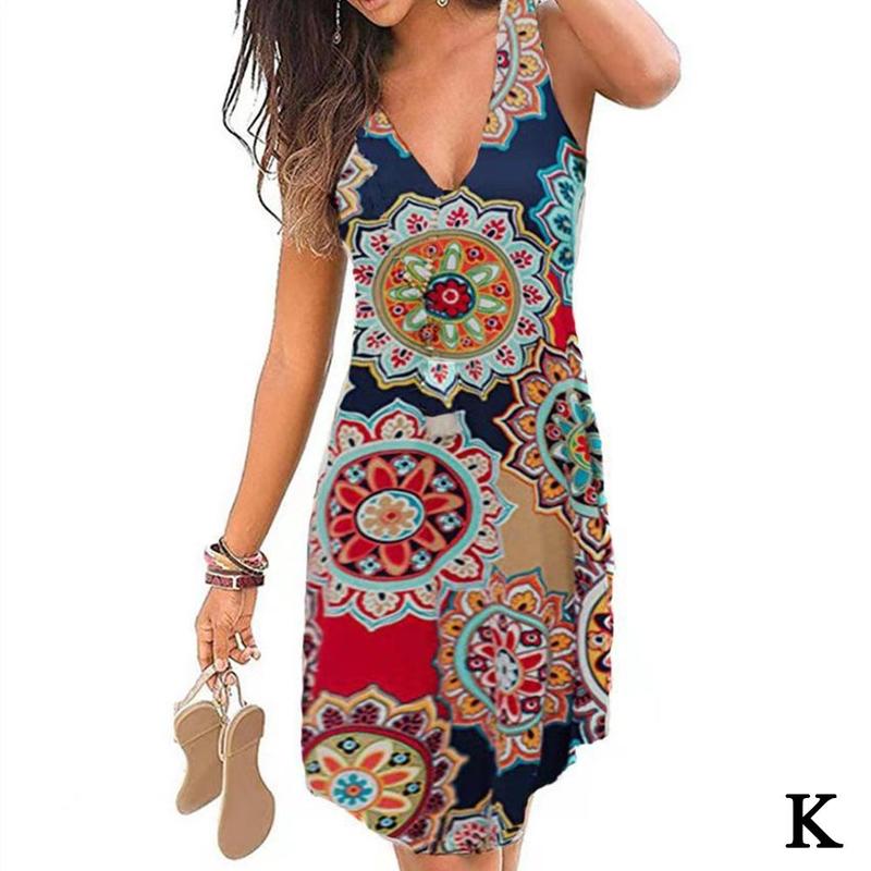Flowery Print Knee-Length Sleeveless Summer Beach Boho Dress in Boho Dresses