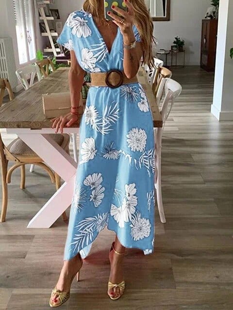 Floral Midi Printed Slim Short Sleeved Summer Dress in Dresses