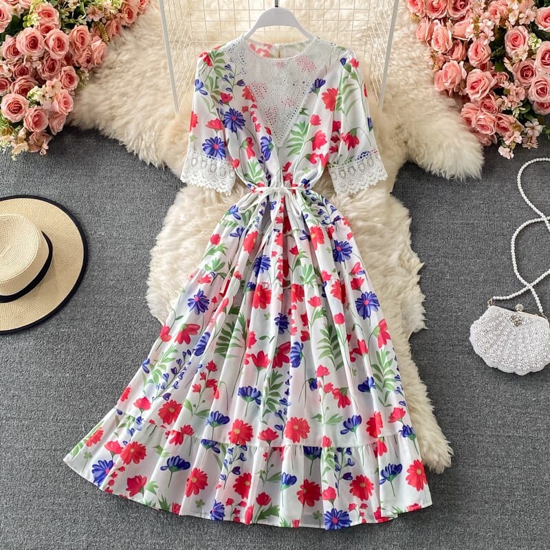 Long Flowery Summer High Waist Short Sleeve Lace Beach Dress - Dresses - Uniqistic.com