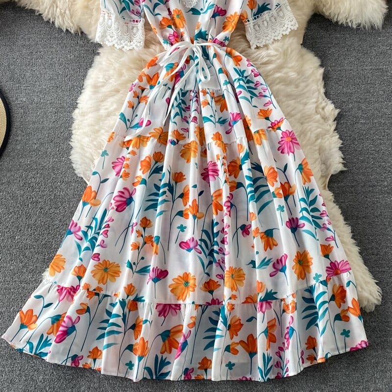 Long Flowery Summer High Waist Short Sleeve Lace Beach Dress - Dresses - Uniqistic.com