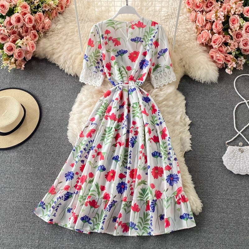 Long Flowery Summer High Waist Short Sleeve Lace Beach Dress in Dresses