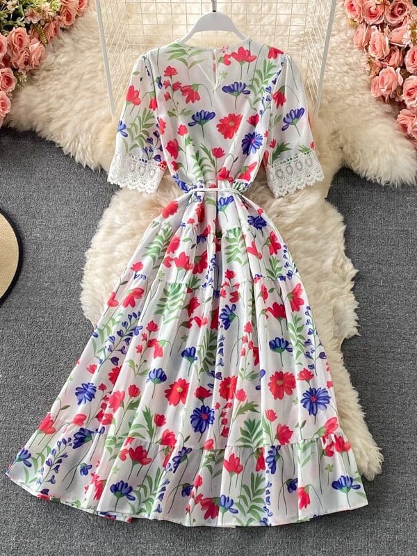 Long Flowery Summer High Waist Short Sleeve Lace Beach Dress in Dresses