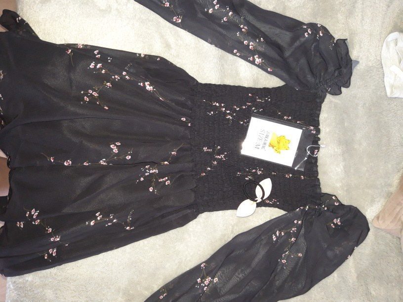 Black Vintage Flower Long Puff Sleeve Chiffon Mini Dress | Uniqistic.com