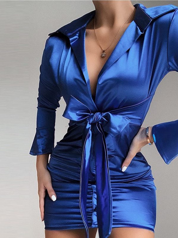 Sexy v neck bodycon blue dress