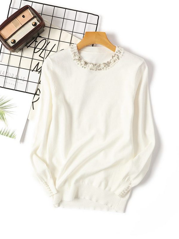 Beaded Round Neck Long Sleeve Sweater in Sweaters