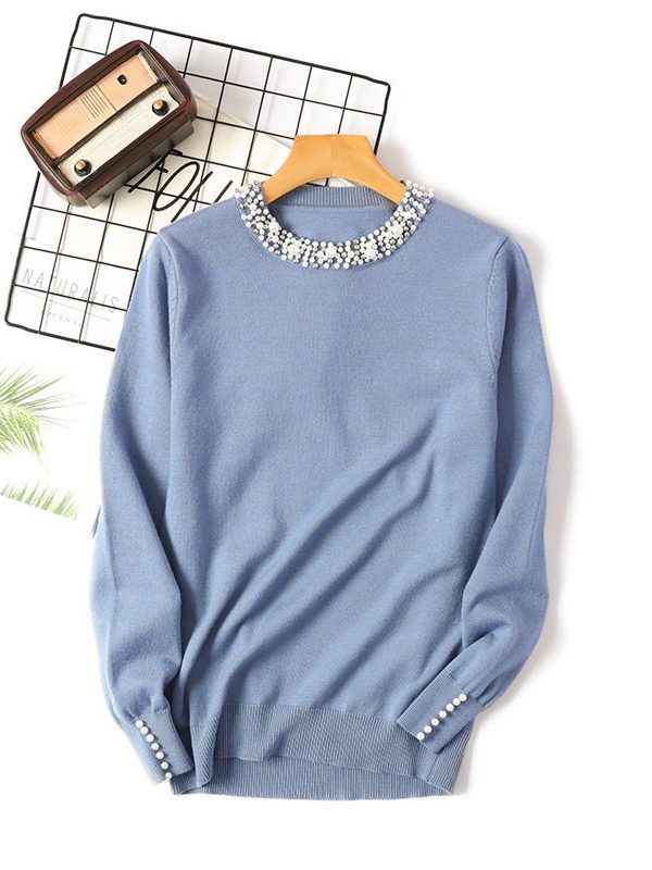 Beaded Round Neck Long Sleeve Sweater - Sweaters - Uniqistic.com