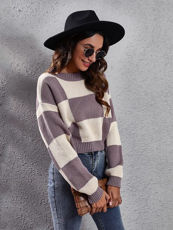 Chessboard Plaid Drop-Shoulder Long-Sleeve Short Loose Knitted Sweater - Sweaters - Uniqistic.com