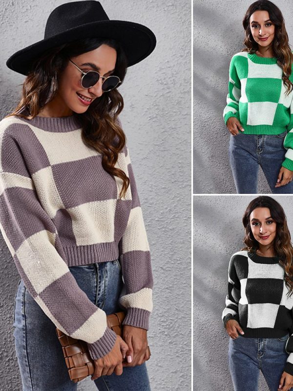 Chessboard Plaid Drop-Shoulder Long-Sleeve Short Loose Knitted Sweater - Sweaters - Uniqistic.com