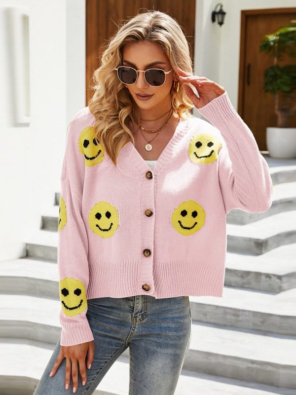 Smiley Knitted Long Sleeve Loose Knitted Sweater - Sweaters - Uniqistic.com