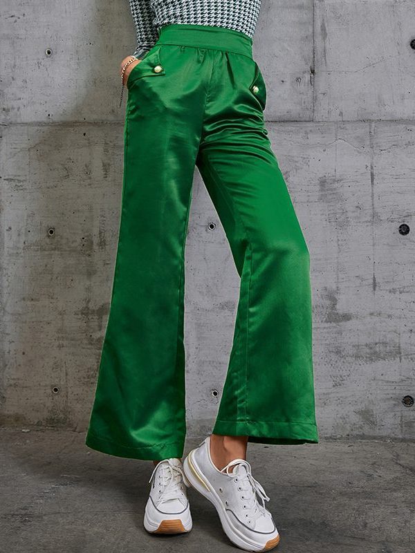 Straight Satin Silk Green Elastic Waist Wide Leg Long Pants - Pants - Uniqistic.com