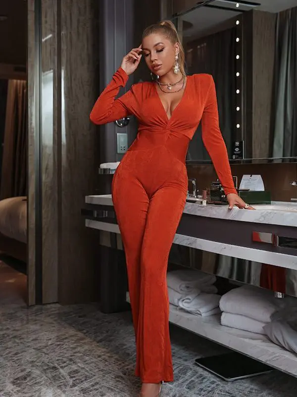 Sexy red knitted office lady long sleeve long jumpsuit - Jumpsuits & Rompers - Uniqistic.com