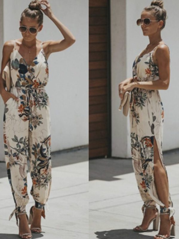 Sexy Backless Print Tied Spaghetti-Strap Cotton One-Piece Slit Pants Jumpsuit - Jumpsuits & Rompers - Uniqistic.com