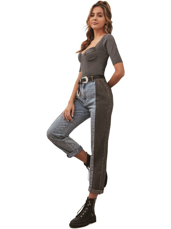 Color Contrast Patchwork Easy Matching Washed High Waist Jeans - Pants - Uniqistic.com