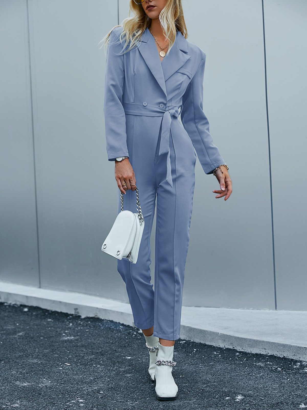 Long Sleeve Lapel Long Office Lady Solid Pocket High Wasit Jumpsuit - Jumpsuits & Rompers - Uniqistic.com